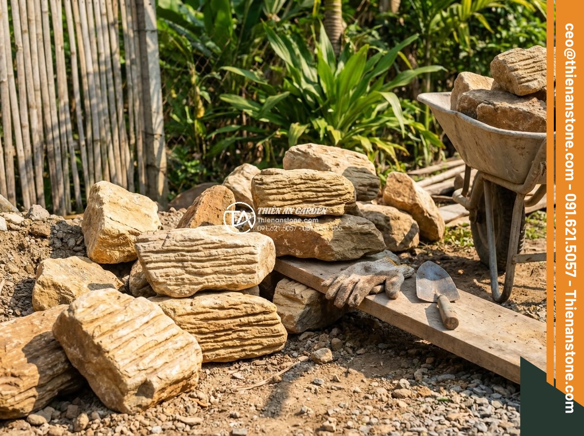 Cách Chọn Đá Cảnh Non Bộ Hợp Mệnh Kim, Mộc, Thủy, Hỏa, Thổ - Hình 17 Cách Chọn Đá Cảnh Non Bộ Hợp Mệnh Kim, Mộc, Thủy, Hỏa, Thổ - Step-by-step construction process of stacking natural stones for non-bo rockery,