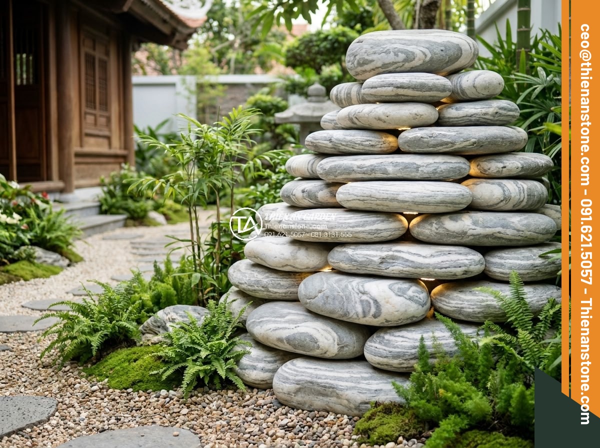 Cách Chọn Đá Cảnh Non Bộ Hợp Mệnh Kim, Mộc, Thủy, Hỏa, Thổ - Hình 18 Cách Chọn Đá Cảnh Non Bộ Hợp Mệnh Kim, Mộc, Thủy, Hỏa, Thổ - Finished professional non-bo installation with precise stone stacking, integrate