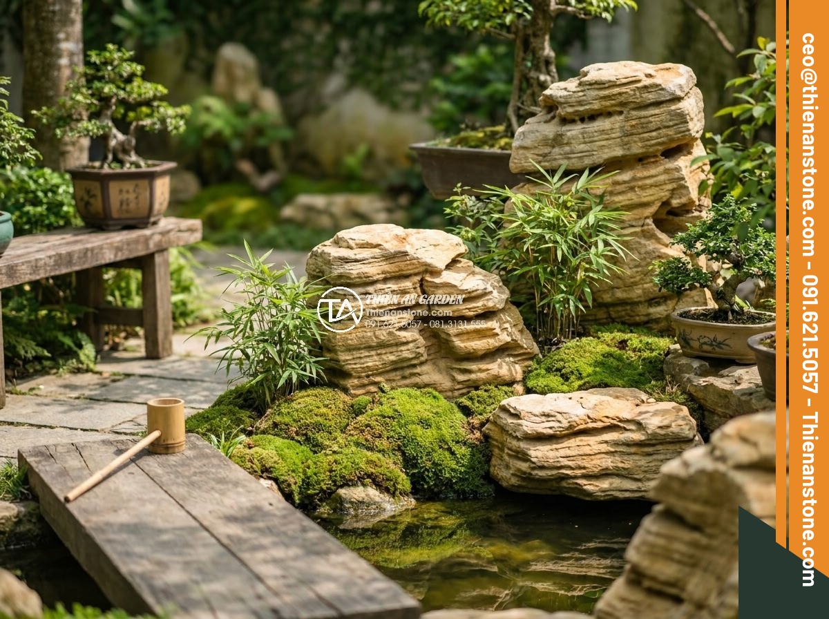 Cách Chọn Đá Cảnh Non Bộ Hợp Mệnh Kim, Mộc, Thủy, Hỏa, Thổ - Hình 20 Cách Chọn Đá Cảnh Non Bộ Hợp Mệnh Kim, Mộc, Thủy, Hỏa, Thổ - Team of experts from Thien An Stone working on custom non-bo design, showing nat