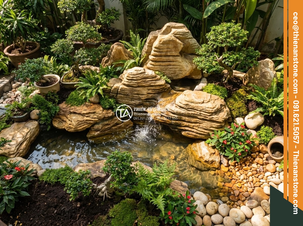 Cách Chọn Đá Cảnh Non Bộ Hợp Mệnh Kim, Mộc, Thủy, Hỏa, Thổ - Hình 4 Cách Chọn Đá Cảnh Non Bộ Hợp Mệnh Kim, Mộc, Thủy, Hỏa, Thổ - Detailed aerial view of a feng shui compliant non-bo stone arrangement in a trop