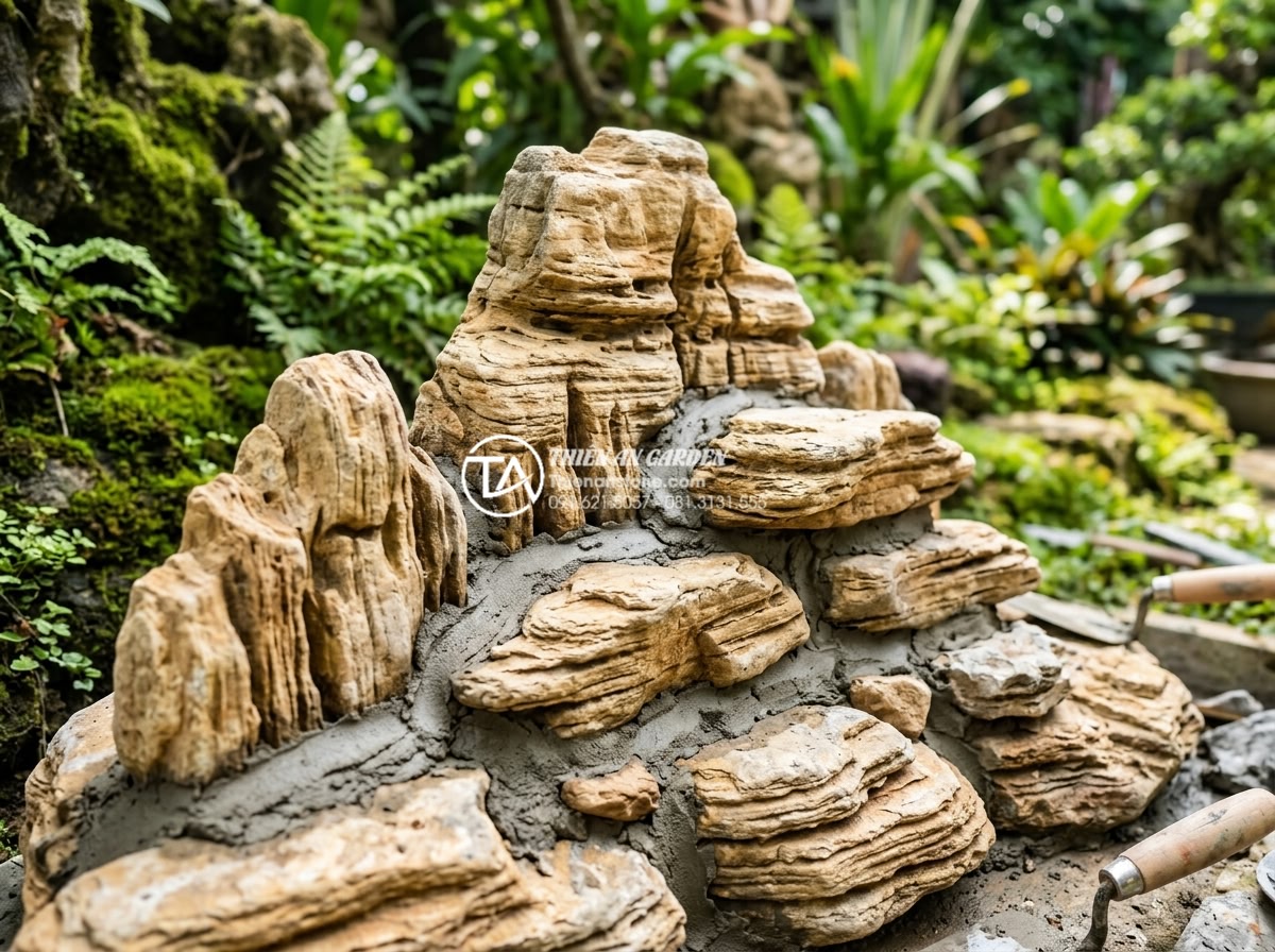 Cách Đắp Núi Đá Non Bộ Bằng Đá Vôi Và Xi Măng - Detailed close-up of natural limestone rocks being carefully selected and arrang