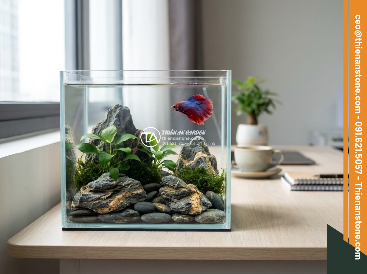 Cách Làm Bể Thủy Sinh Mini Đá Cuội Đẹp Dành Cho Người Mới - Photorealistic close-up of a beginner mini pebble aquarium on a modern wooden de