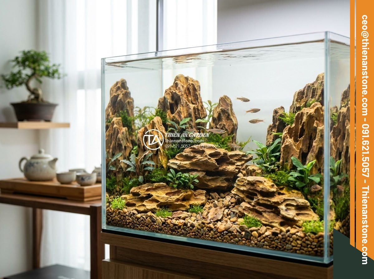 Cách Làm Bể Thủy Sinh Mini Đá Cuội Đẹp Dành Cho Người Mới - Hình 10 Cách Làm Bể Thủy Sinh Mini Đá Cuội Đẹp Dành Cho Người Mới - Side angle realistic photo of a completed beautiful mini cobble aquarium with la