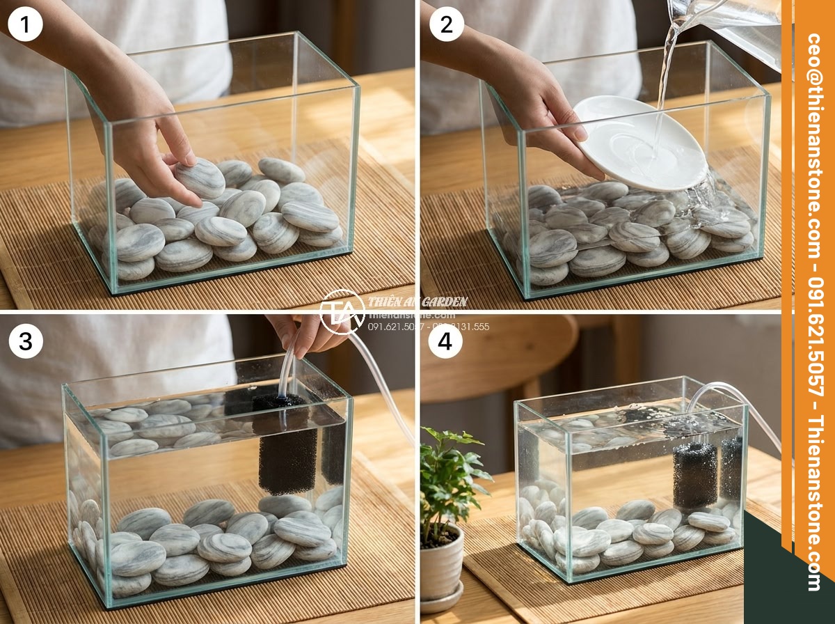 Cách Làm Bể Thủy Sinh Mini Đá Cuội Đẹp Dành Cho Người Mới - Hình 11 Cách Làm Bể Thủy Sinh Mini Đá Cuội Đẹp Dành Cho Người Mới - Step-by-step realistic sequence image of installing mini aquarium, person carefu