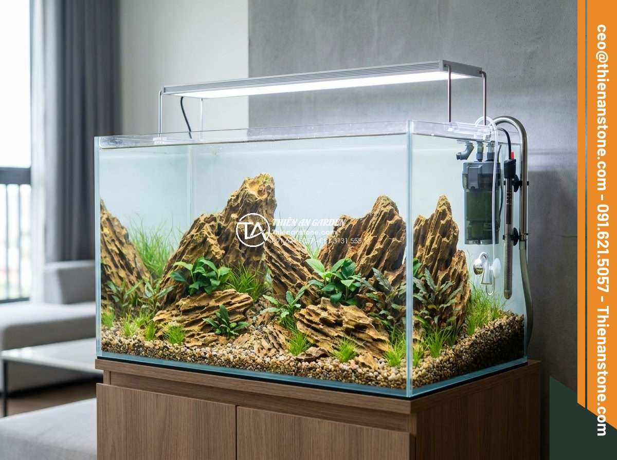 Cách Làm Bể Thủy Sinh Mini Đá Cuội Đẹp Dành Cho Người Mới - Hình 12 Cách Làm Bể Thủy Sinh Mini Đá Cuội Đẹp Dành Cho Người Mới - Final stage realistic photo of newly set up mini pebble aquarium with all equipm
