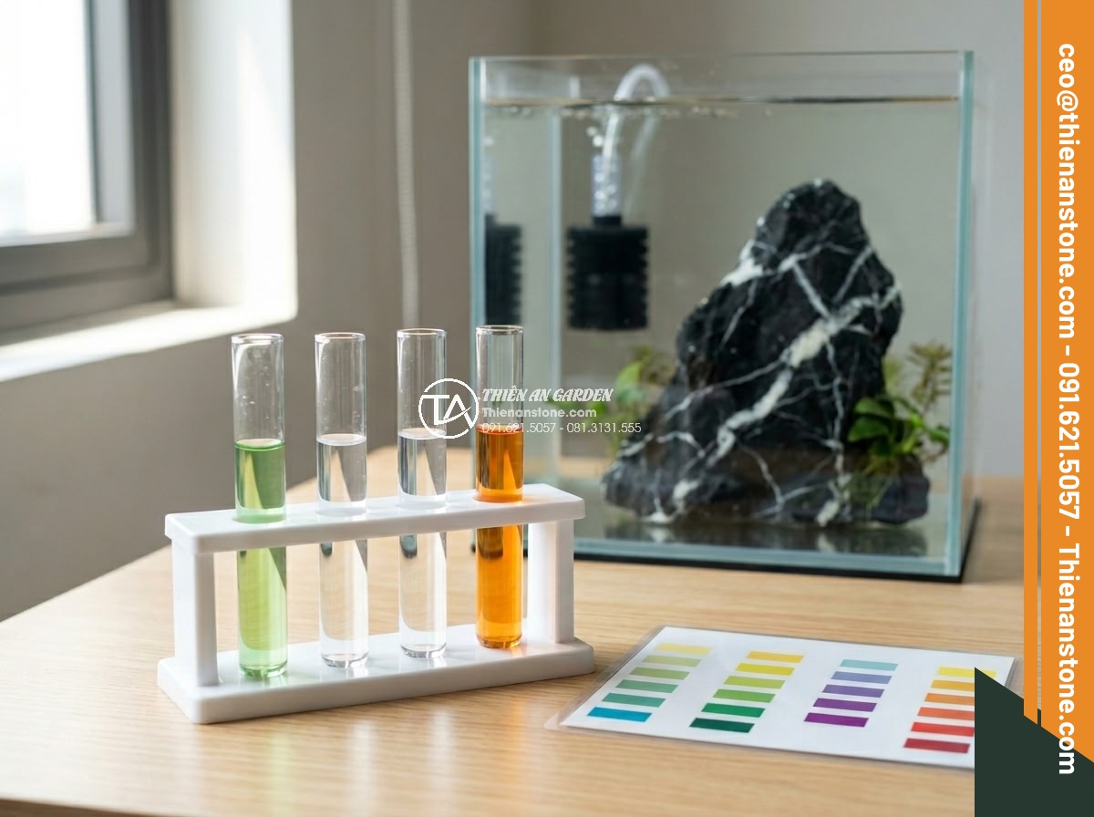 Cách Làm Bể Thủy Sinh Mini Đá Cuội Đẹp Dành Cho Người Mới - Hình 16 Cách Làm Bể Thủy Sinh Mini Đá Cuội Đẹp Dành Cho Người Mới - Educational image showing water test kit results for mini aquarium, test tubes w