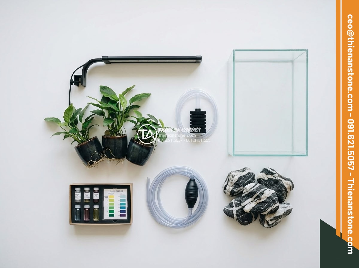 Cách Làm Bể Thủy Sinh Mini Đá Cuội Đẹp Dành Cho Người Mới - Hình 5 Cách Làm Bể Thủy Sinh Mini Đá Cuội Đẹp Dành Cho Người Mới - Organized flat lay photo of all materials needed for mini pebble aquarium setup