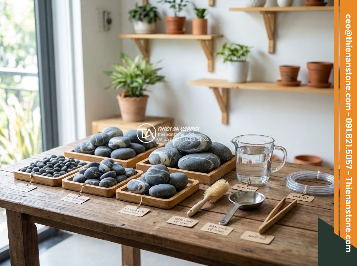 Cách Làm Bể Thủy Sinh Mini Đá Cuội Đẹp Dành Cho Người Mới - Hình 6 Cách Làm Bể Thủy Sinh Mini Đá Cuội Đẹp Dành Cho Người Mới - Step by step visual guide image showing tools and stones arranged for aquarium s