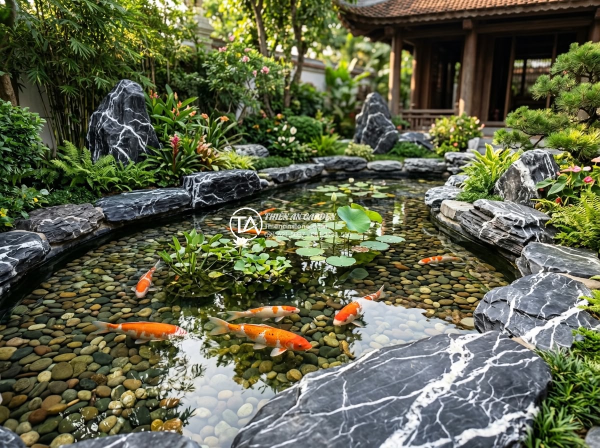 Cách Làm Hồ Cá Koi Bằng Đá Cuội Đẹp – Hướng Dẫn Từ A Đến Z - A serene high-resolution photograph of a luxurious Koi pond constructed entirely