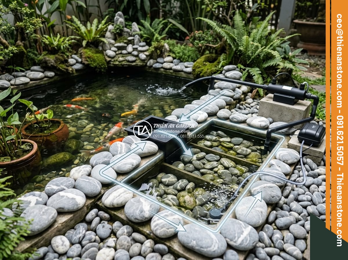 Cách Làm Hồ Cá Koi Bằng Đá Cuội Đẹp – Hướng Dẫn Từ A Đến Z - Technical diagram and photo of a biological filtration system integrated into a 
