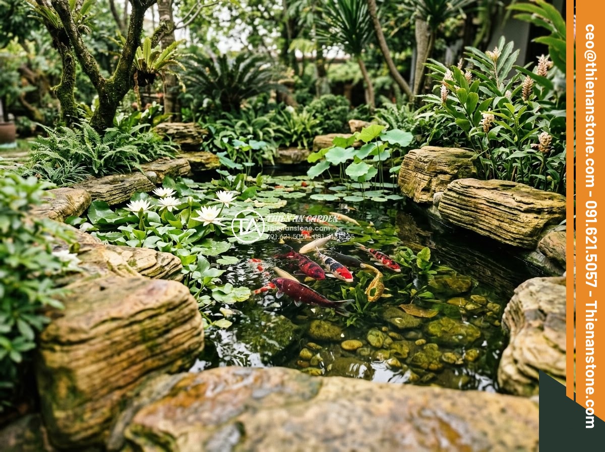 Cách Làm Hồ Cá Koi Bằng Đá Cuội Đẹp – Hướng Dẫn Từ A Đến Z - Long-term view of a beautifully aged pebble Koi pond after years of maintenance,