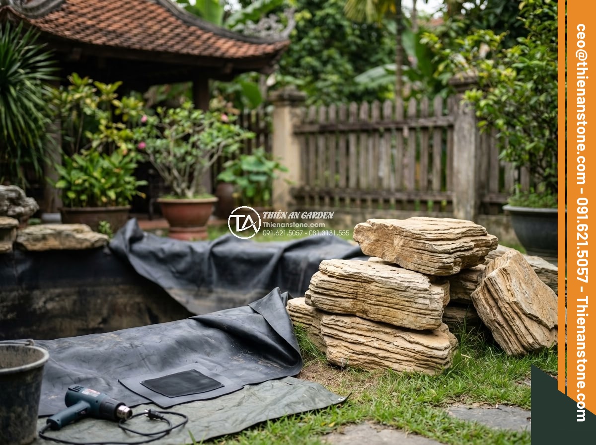 Cách Làm Hồ Cá Koi Bằng Đá Cuội Đẹp – Hướng Dẫn Từ A Đến Z - Troubleshooting photo of a Koi pond repair in progress, with exposed liner being