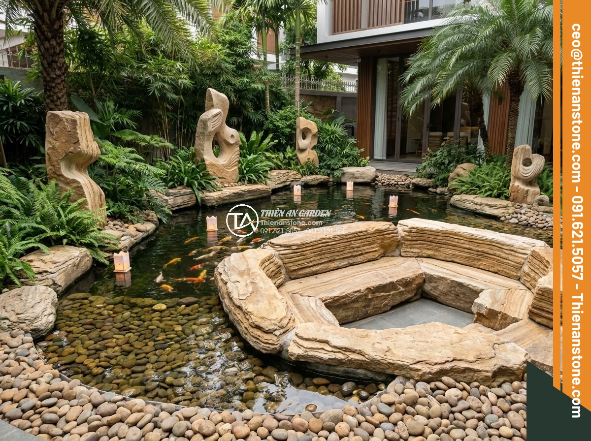 Cách Làm Hồ Cá Koi Bằng Đá Cuội Đẹp – Hướng Dẫn Từ A Đến Z - Inspirational modern garden design featuring an innovative pebble Koi pond with 