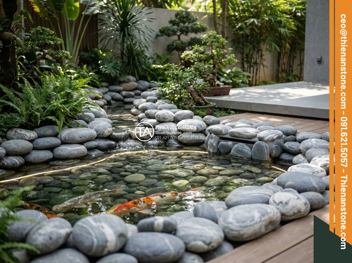 Cách Làm Hồ Cá Koi Bằng Đá Cuội Đẹp – Hướng Dẫn Từ A Đến Z - Futuristic yet natural pebble Koi pond concept with smart technology elements li