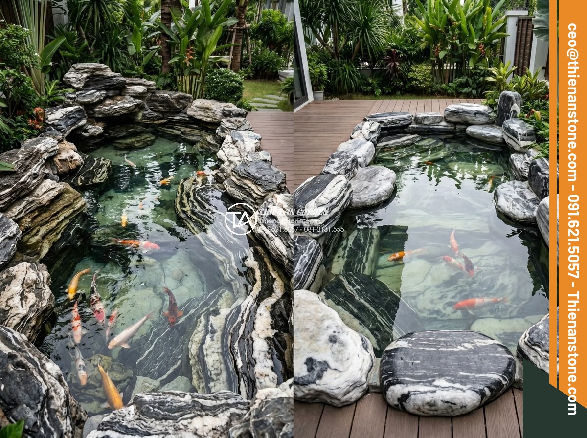 Cách Làm Hồ Cá Koi Bằng Đá Cuội Đẹp – Hướng Dẫn Từ A Đến Z - Side-by-side comparison photograph of Koi ponds made with different stones: natu