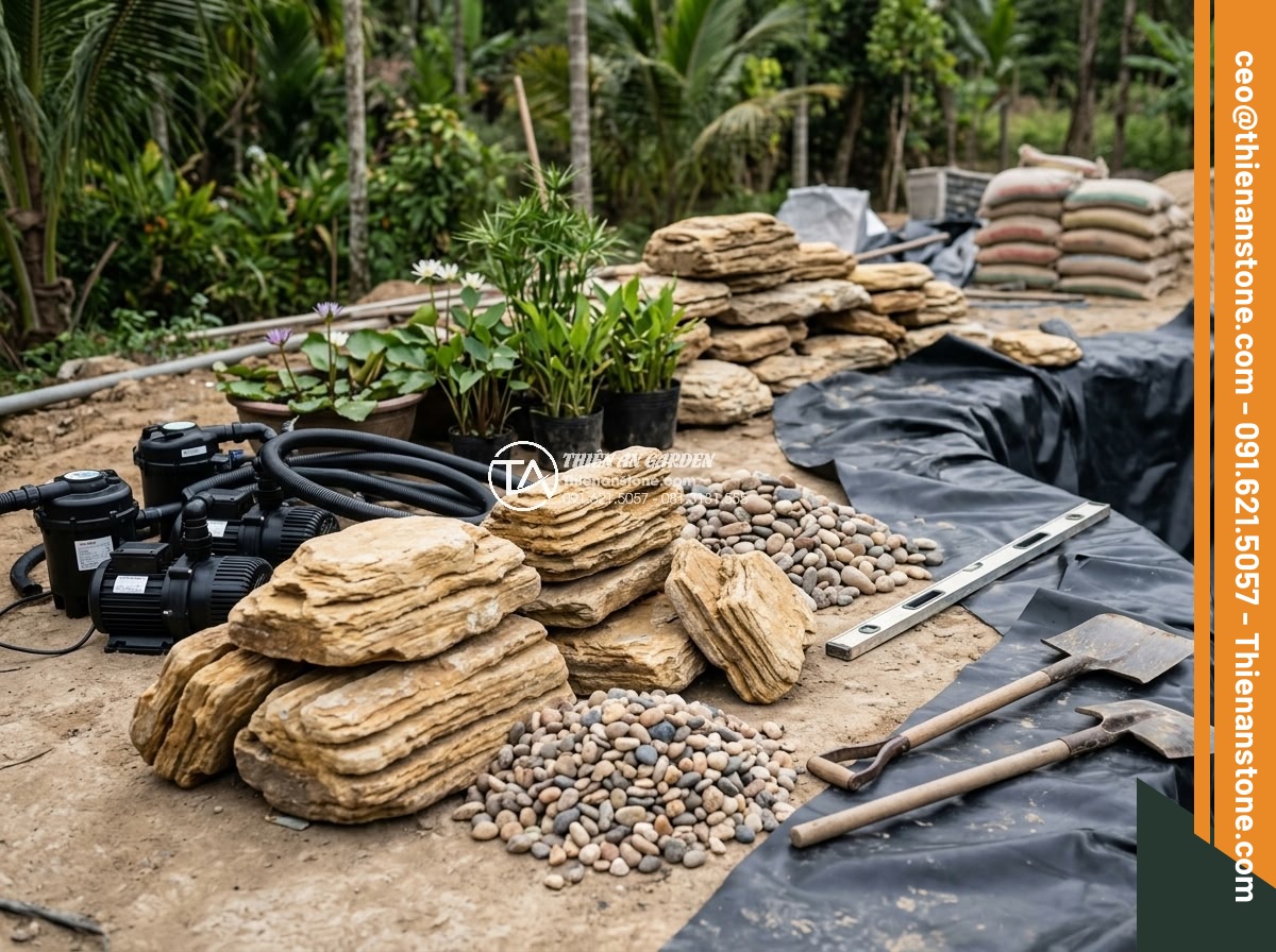 Cách Làm Hồ Cá Koi Bằng Đá Cuội Đẹp – Hướng Dẫn Từ A Đến Z - Professional construction site photo displaying all necessary materials laid out