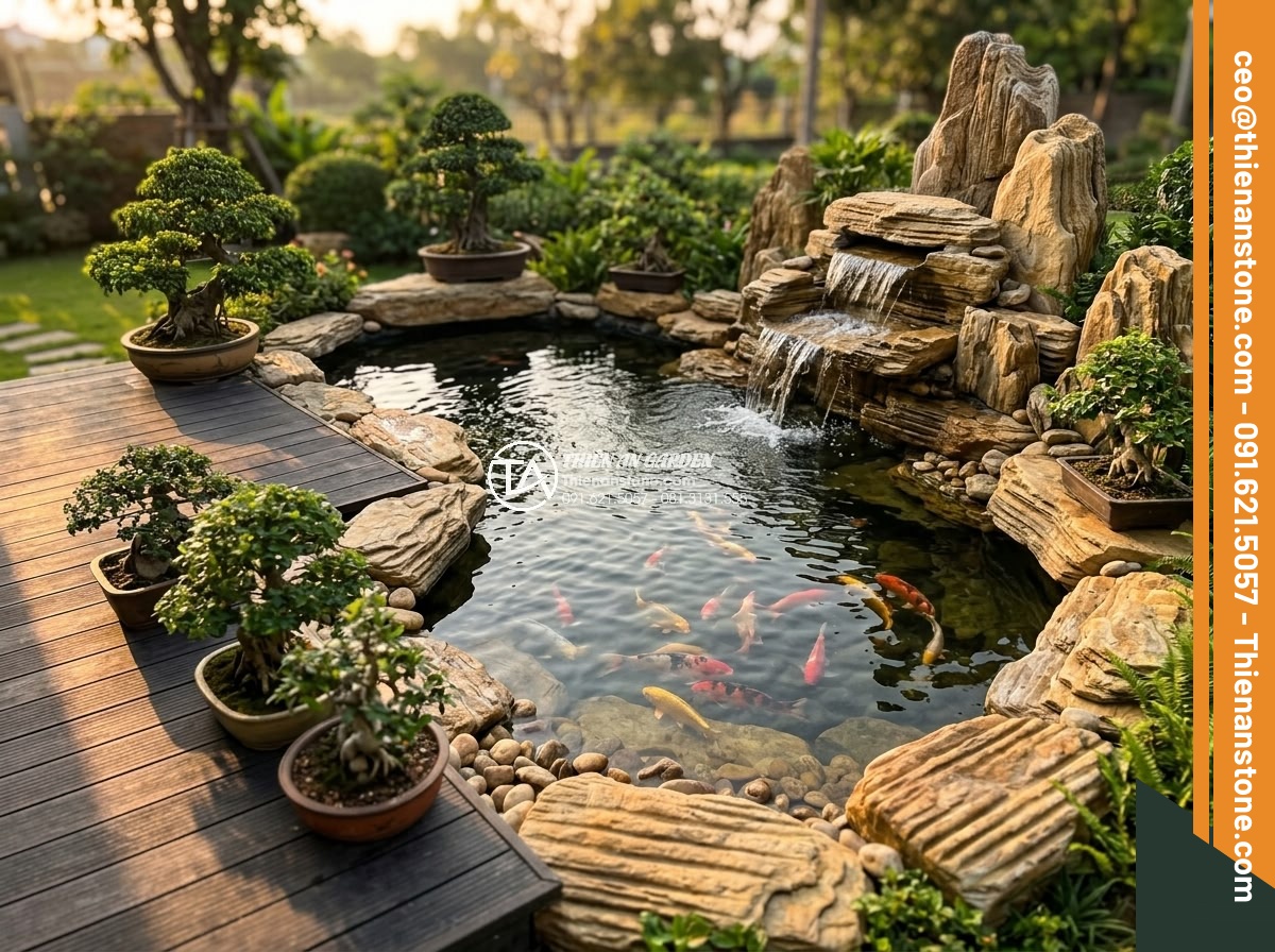 Cách Làm Hồ Cá Koi Bằng Đá Cuội Đẹp – Hướng Dẫn Từ A Đến Z - Artistic conceptual design rendering of an elegant Koi pond using natural pebble