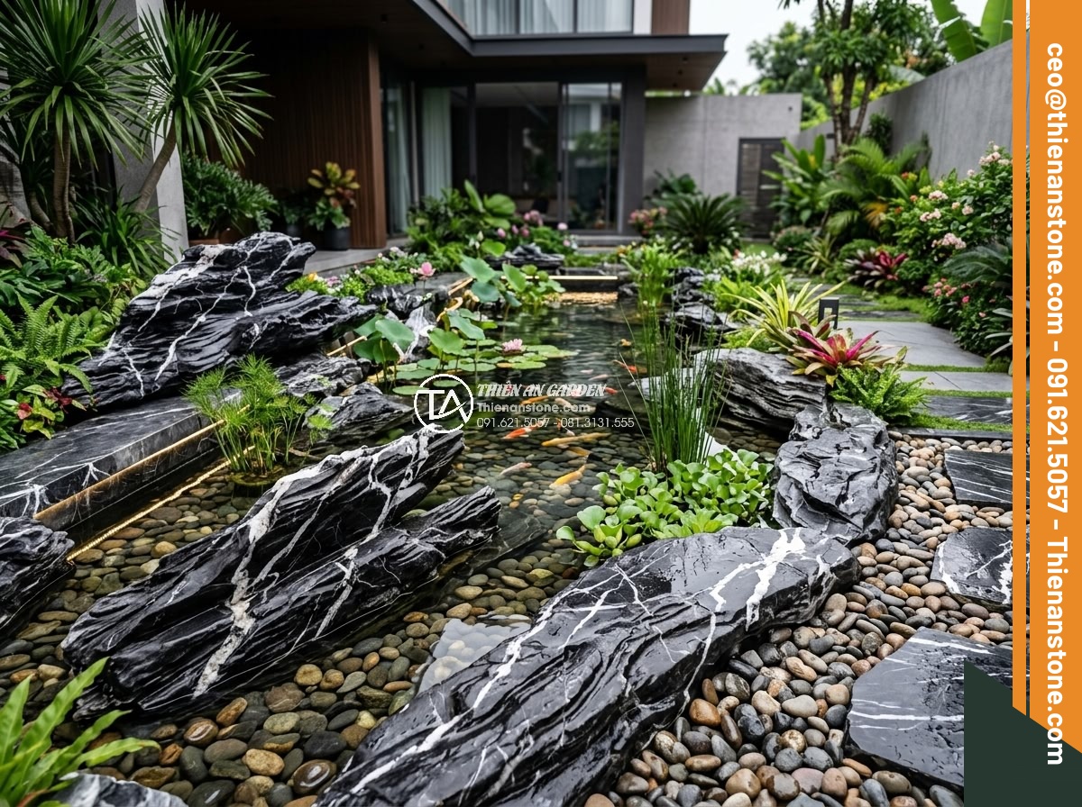 Cách Làm Hồ Cá Koi Bằng Đá Cuội Đẹp – Hướng Dẫn Từ A Đến Z - Modern landscape design illustration of a pebble-based Koi pond integrated into 