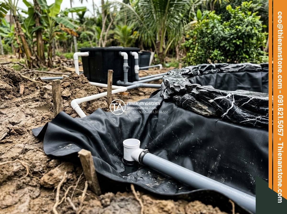 Cách Làm Hồ Cá Koi Bằng Đá Cuội Đẹp – Hướng Dẫn Từ A Đến Z - Detailed view of pond liner installation and plumbing setup for Koi pond, showin