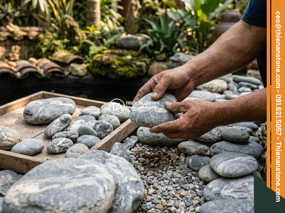 Cách Làm Hồ Cá Koi Bằng Đá Cuội Đẹp – Hướng Dẫn Từ A Đến Z - High-detail image of artisan hands carefully selecting and arranging natural riv