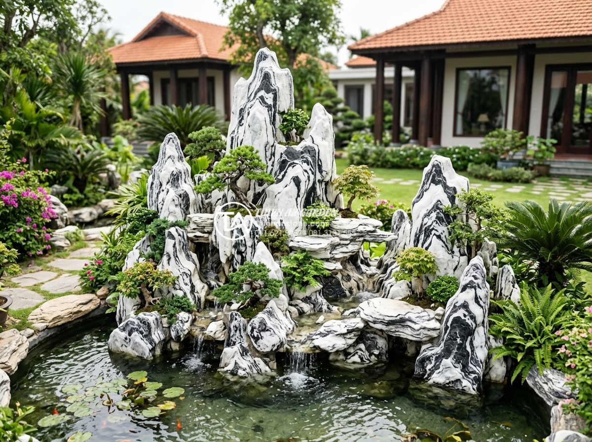 Cách Nhận Biết Đá Tuyết Sơn Thật Và Giả Khi Làm Non Bộ - Hình 2 Cách Nhận Biết Đá Tuyết Sơn Thật Và Giả Khi Làm Non Bộ - Wide angle view of a completed traditional Vietnamese hòn non bộ using genuine T