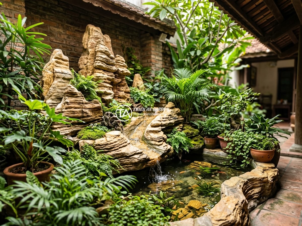 Cách Phối Cảnh Tiểu Cảnh Núi Đá San Hô Trong Nhà Phố - Hình 11 Cách Phối Cảnh Tiểu Cảnh Núi Đá San Hô Trong Nhà Phố - Harmonious integration of coral stone mountain with various green plants, flowin
