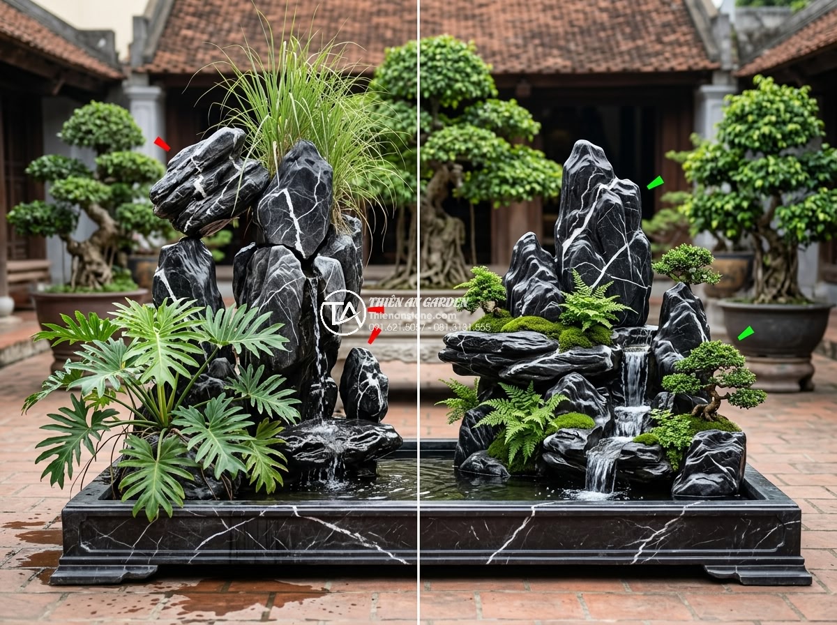 Cách Phối Cảnh Tiểu Cảnh Núi Đá San Hô Trong Nhà Phố - Hình 16 Cách Phối Cảnh Tiểu Cảnh Núi Đá San Hô Trong Nhà Phố - Infographic style image illustrating common errors like improper rock balancing,