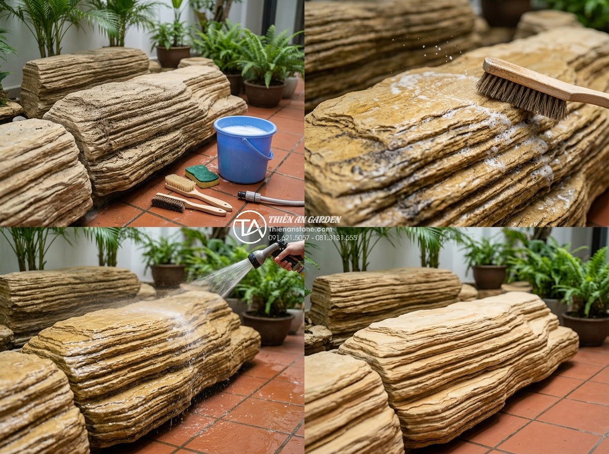 Cách Phối Cảnh Tiểu Cảnh Núi Đá San Hô Trong Nhà Phố - Hình 19 Cách Phối Cảnh Tiểu Cảnh Núi Đá San Hô Trong Nhà Phố - Maintenance process photos of cleaning and caring for coral stone landscape, too