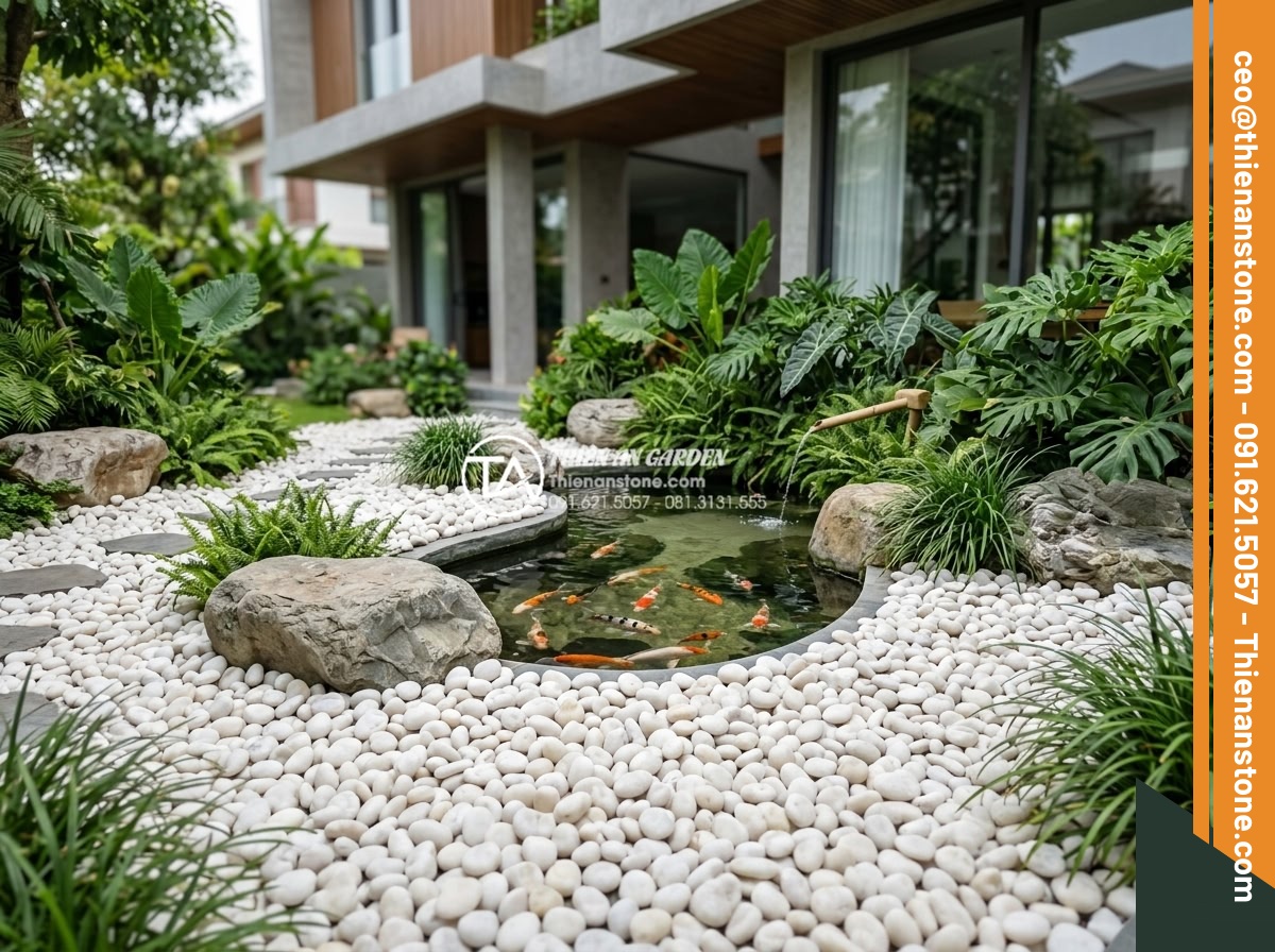 Cách Phối Màu Sỏi Rải Sân Vườn Theo Phong Thủy Bản Mệnh - A modern Vietnamese villa garden with white and gray pebbles spread elegantly ar