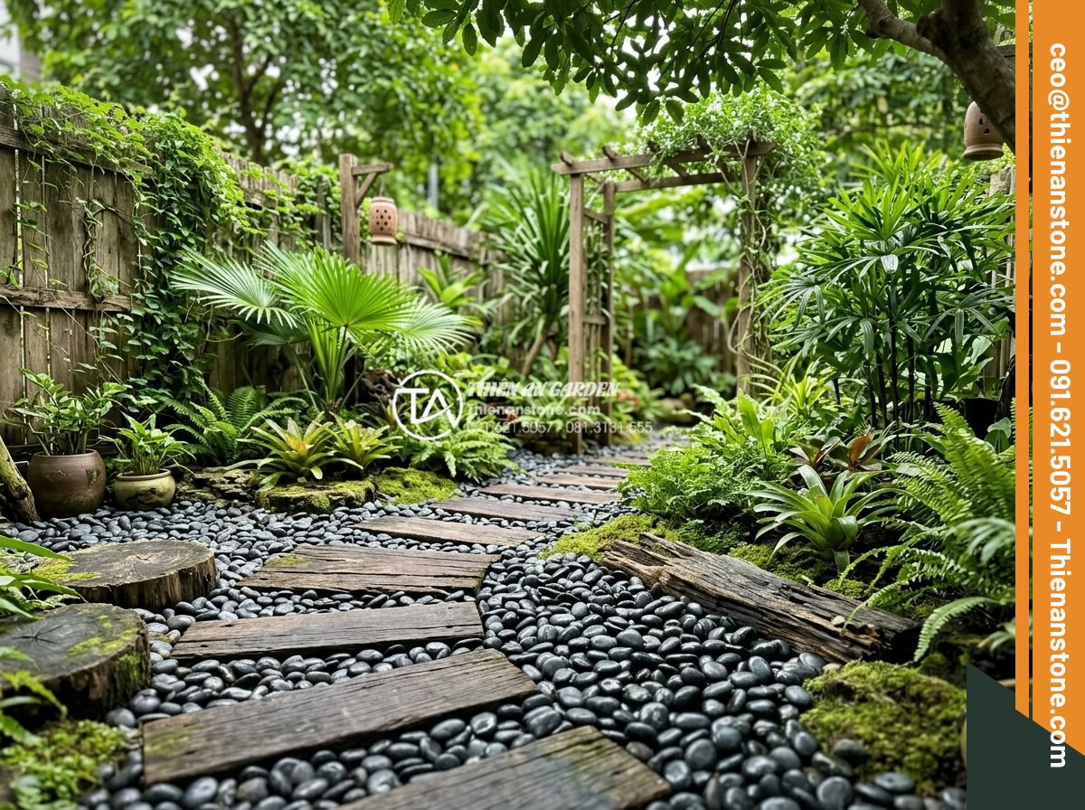 Cách Phối Màu Sỏi Rải Sân Vườn Theo Phong Thủy Bản Mệnh - Natural looking backyard with mixed green toned pebbles and wooden elements for 