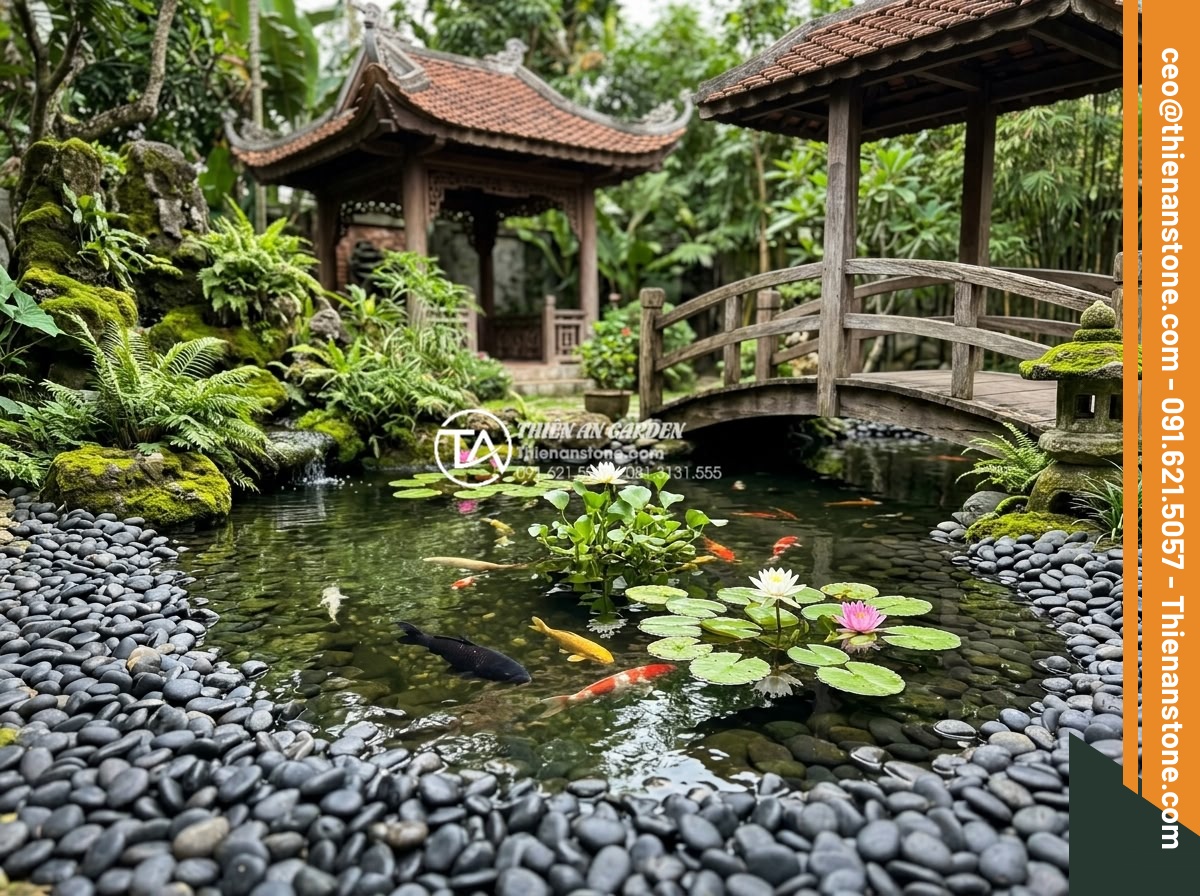 Cách Phối Màu Sỏi Rải Sân Vườn Theo Phong Thủy Bản Mệnh - Serene water garden with dark blue and black pebbles around a koi pond designed 