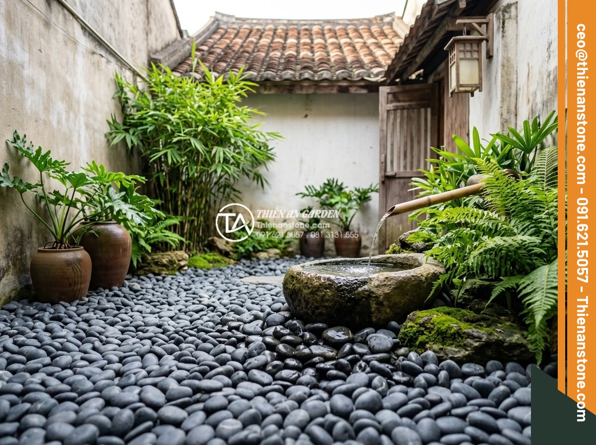 Cách Phối Màu Sỏi Rải Sân Vườn Theo Phong Thủy Bản Mệnh - Small courtyard garden with black pebbles and water feature optimized for Water 