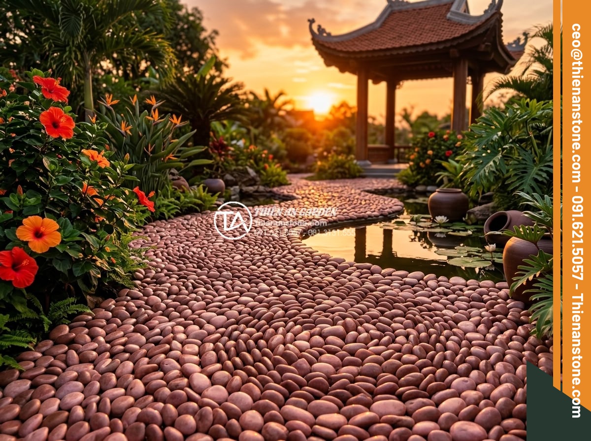 Cách Phối Màu Sỏi Rải Sân Vườn Theo Phong Thủy Bản Mệnh - Stunning sunset garden scene with red pebbles creating dynamic visual for Fire f