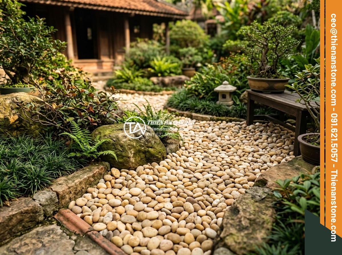 Cách Phối Màu Sỏi Rải Sân Vườn Theo Phong Thủy Bản Mệnh - Earthy and stable garden design with brown and yellow pebbles perfect for Earth 