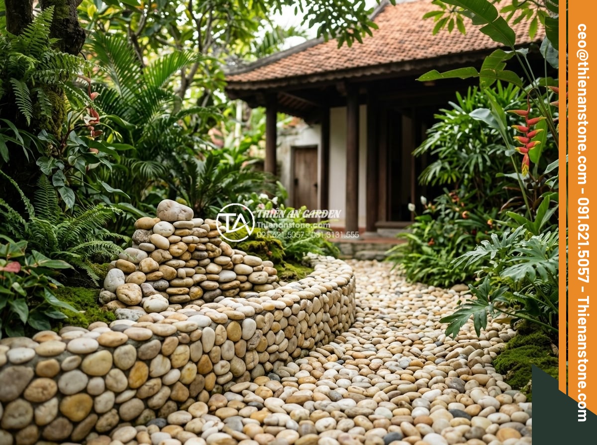 Cách Phối Màu Sỏi Rải Sân Vườn Theo Phong Thủy Bản Mệnh - Cozy villa garden with earth tone pebbles and stone features for Earth destiny h