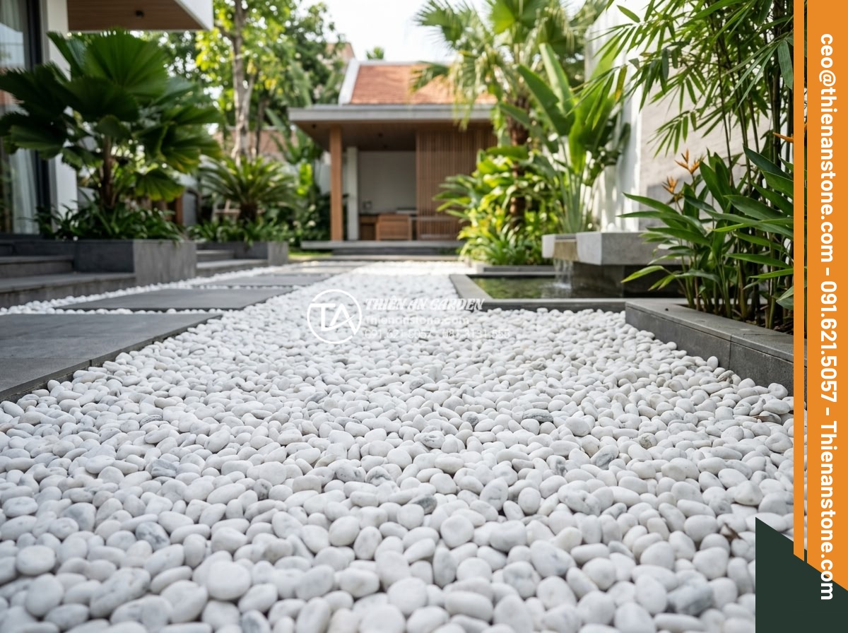 Cách Phối Màu Sỏi Rải Sân Vườn Theo Phong Thủy Bản Mệnh - High-end modern garden with predominantly white pebbles mixed with gray accents 