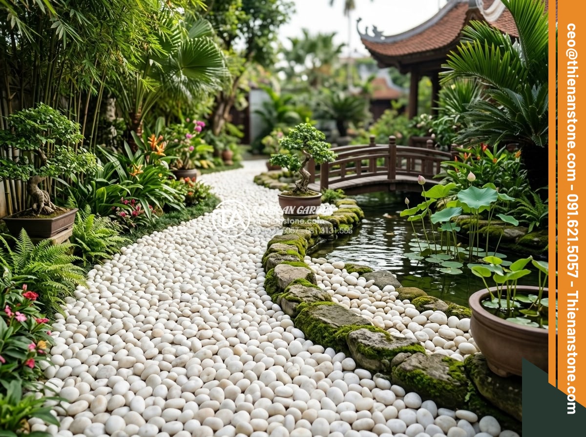 Cách Phối Màu Sỏi Rải Sân Vườn Theo Phong Thủy Bản Mệnh - Luxurious white pebble garden path surrounded by lush greenery and water element