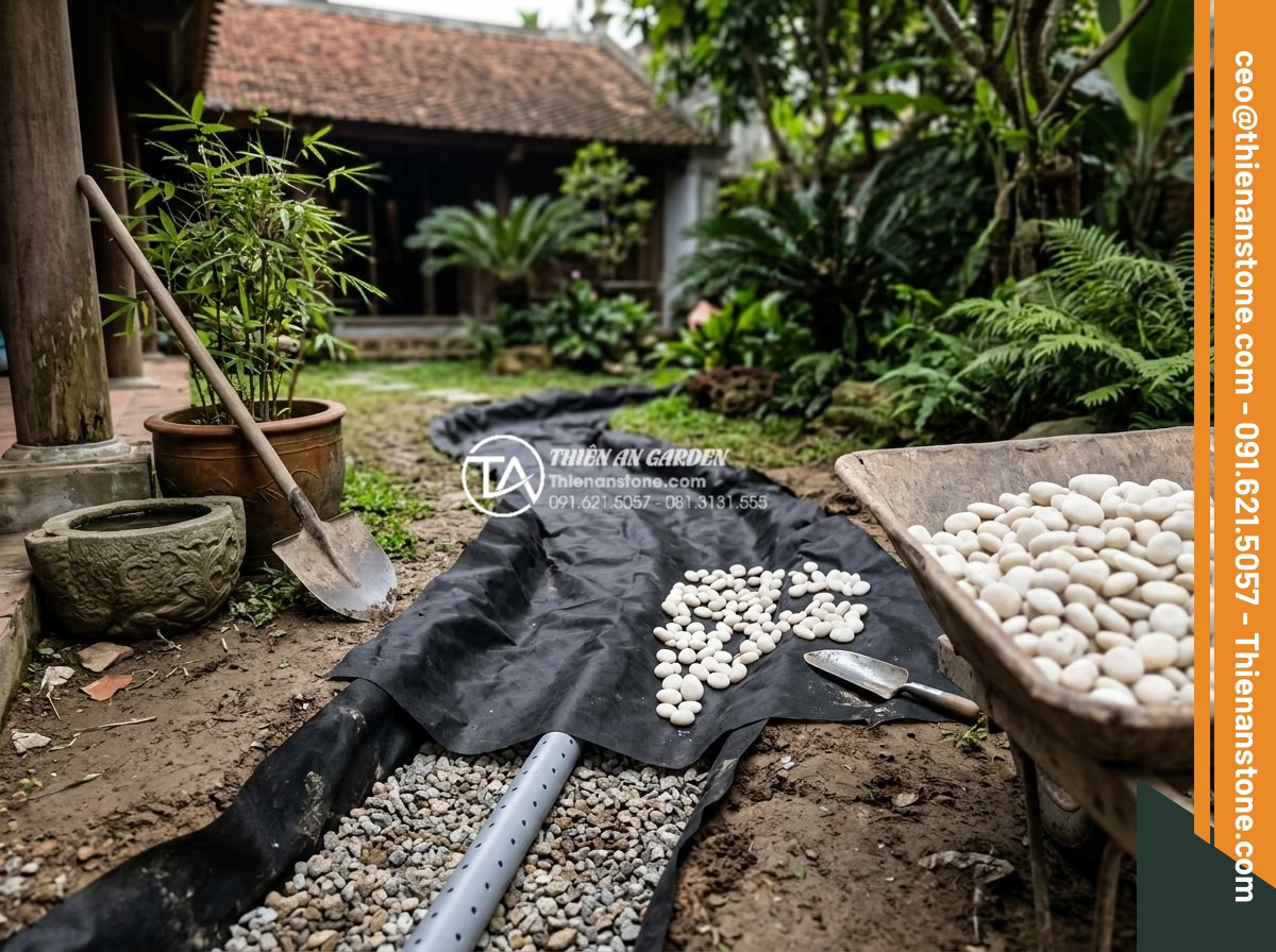 Cách Phối Màu Sỏi Rải Sân Vườn Theo Phong Thủy Bản Mệnh - Professional installation process of garden pebbles with proper drainage system 