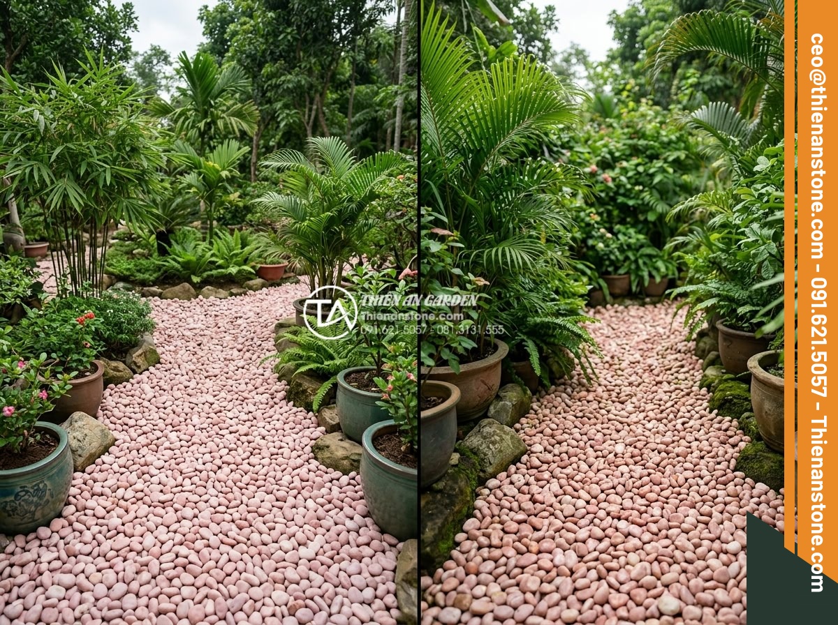 Cách Phối Màu Sỏi Rải Sân Vườn Theo Phong Thủy Bản Mệnh - Well-maintained long-term garden with colorful pebbles still vibrant after years