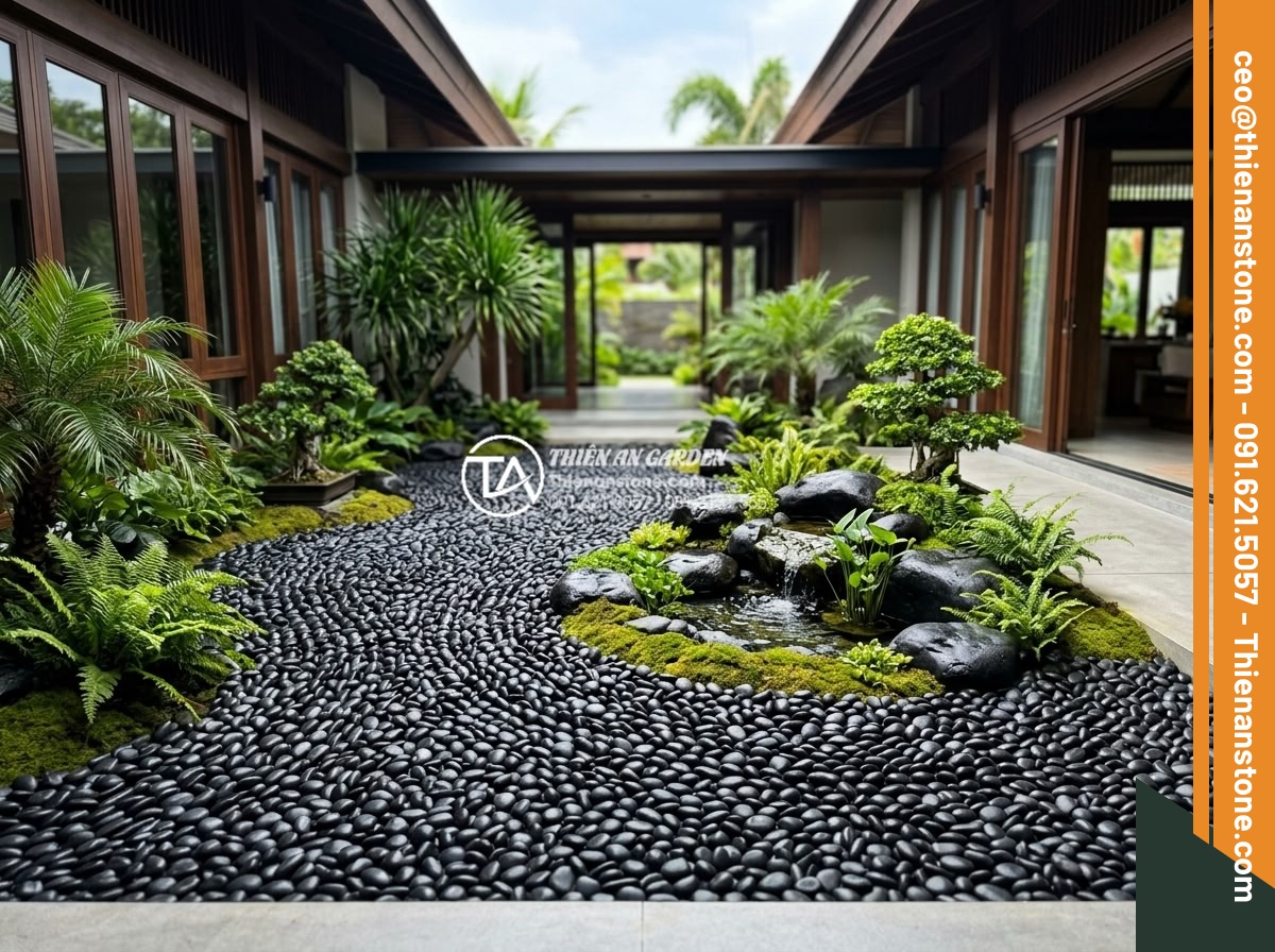 Cách Phối Màu Sỏi Rải Sân Vườn Theo Phong Thủy Bản Mệnh - Real project photo of a completed feng shui pebble garden in a luxury Vietnamese