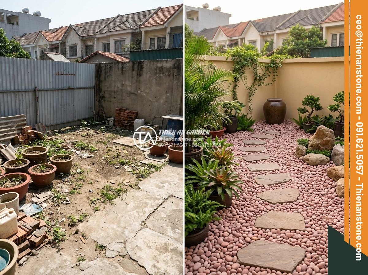 Cách Phối Màu Sỏi Rải Sân Vườn Theo Phong Thủy Bản Mệnh - Before and after transformation of a backyard using destiny-based pebble color s