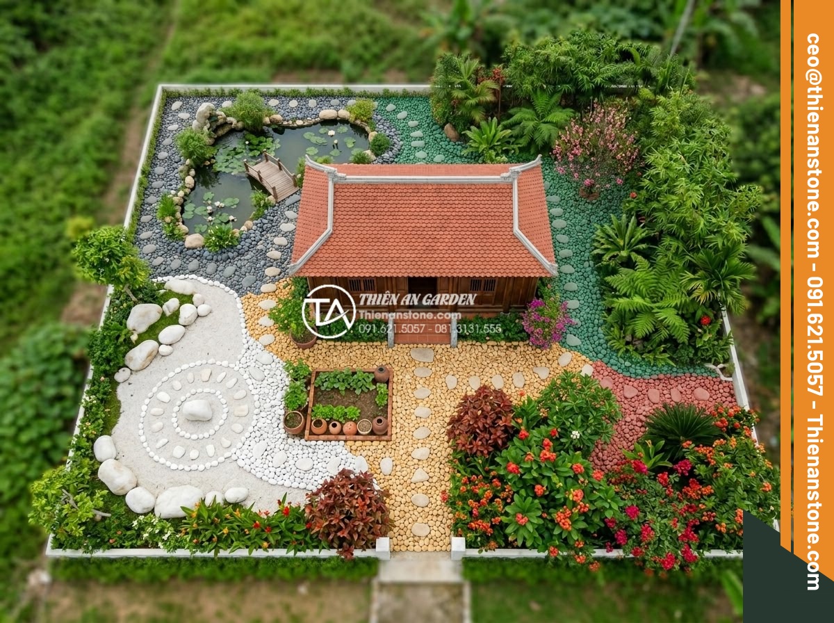 Cách Phối Màu Sỏi Rải Sân Vườn Theo Phong Thủy Bản Mệnh - Feng shui garden layout diagram with colored pebbles representing five elements 