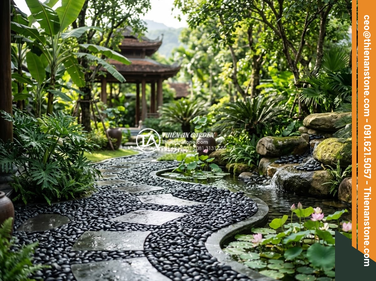 Cách Phối Màu Sỏi Rải Sân Vườn Theo Phong Thủy Bản Mệnh - Luxury tropical garden with carefully chosen pebble colors following feng shui p