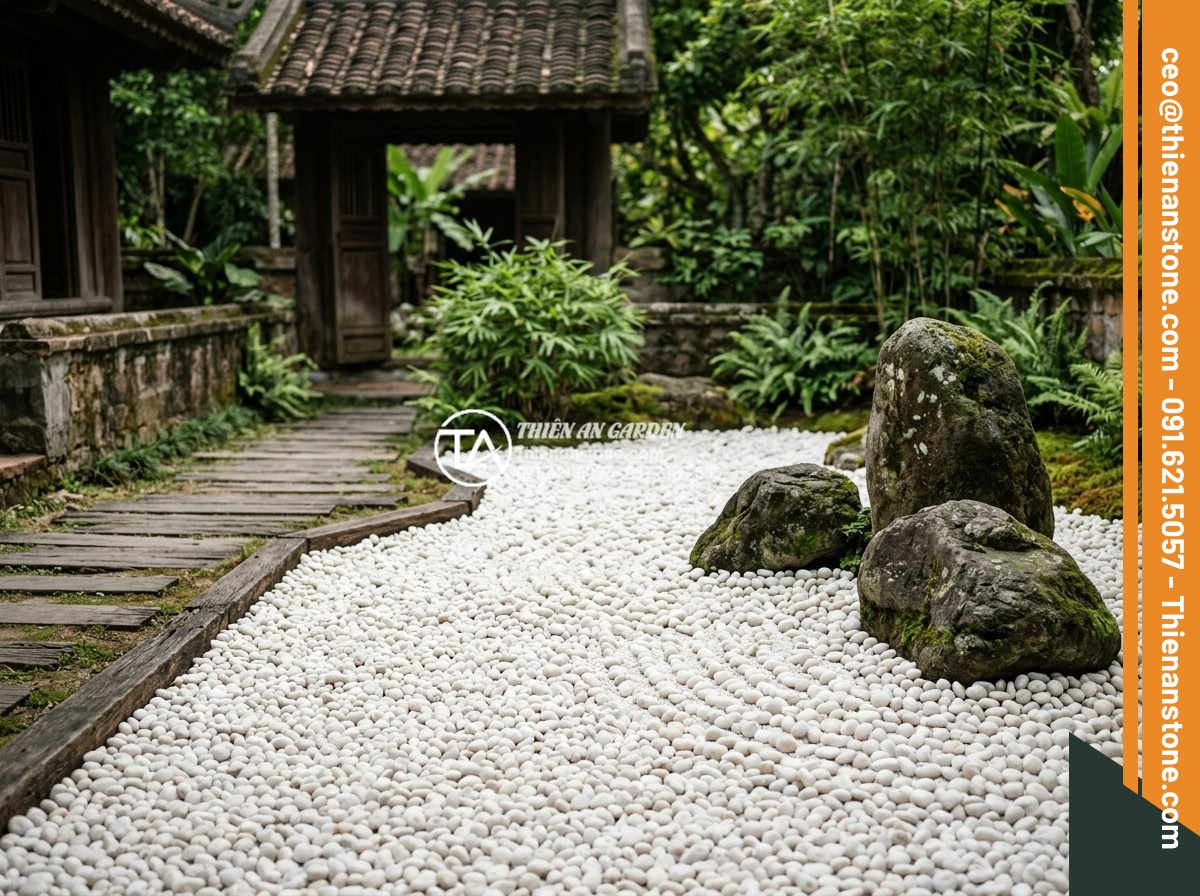 Cách Phối Màu Sỏi Rải Sân Vườn Theo Phong Thủy Bản Mệnh - Peaceful zen garden with pebbles arranged according to personal element destiny,