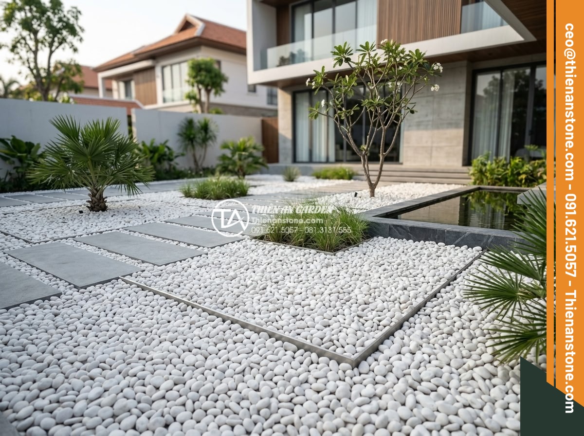 Cách Phối Màu Sỏi Rải Sân Vườn Theo Phong Thủy Bản Mệnh - Elegant garden with white and silver pebbles spread in a modern minimalist style