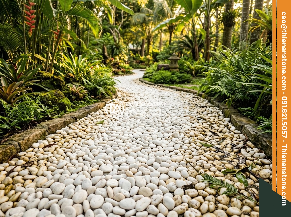Cách Vệ Sĩ Sỏi Trắng Sân Vườn Không Bị Ố Vàng Theo Thời Gian - Detailed wide-angle view of a Vietnamese garden pathway covered with white decor