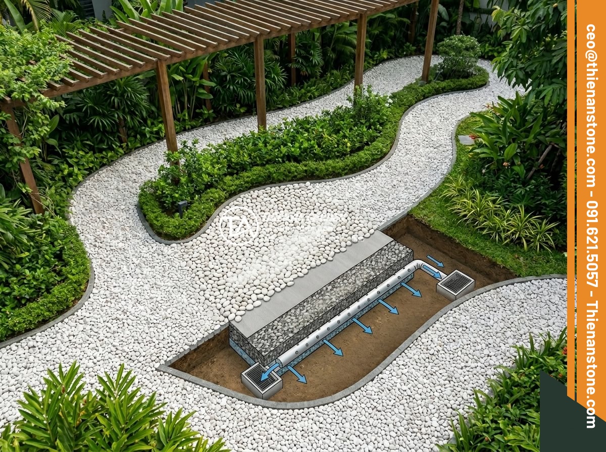 Cách Vệ Sĩ Sỏi Trắng Sân Vườn Không Bị Ố Vàng Theo Thời Gian - Aerial view of a beautifully designed Vietnamese garden featuring white gravel p