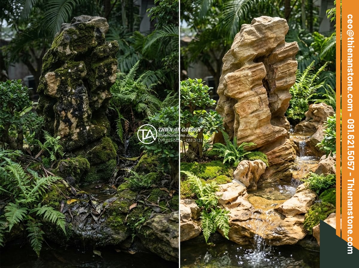 Cách Vệ Sinh Đá Non Bộ Bị Rêu Mốc Sau Nhiều Năm Sử Dụng - Professional before-and-after comparison photo of a large Vietnamese natural sto