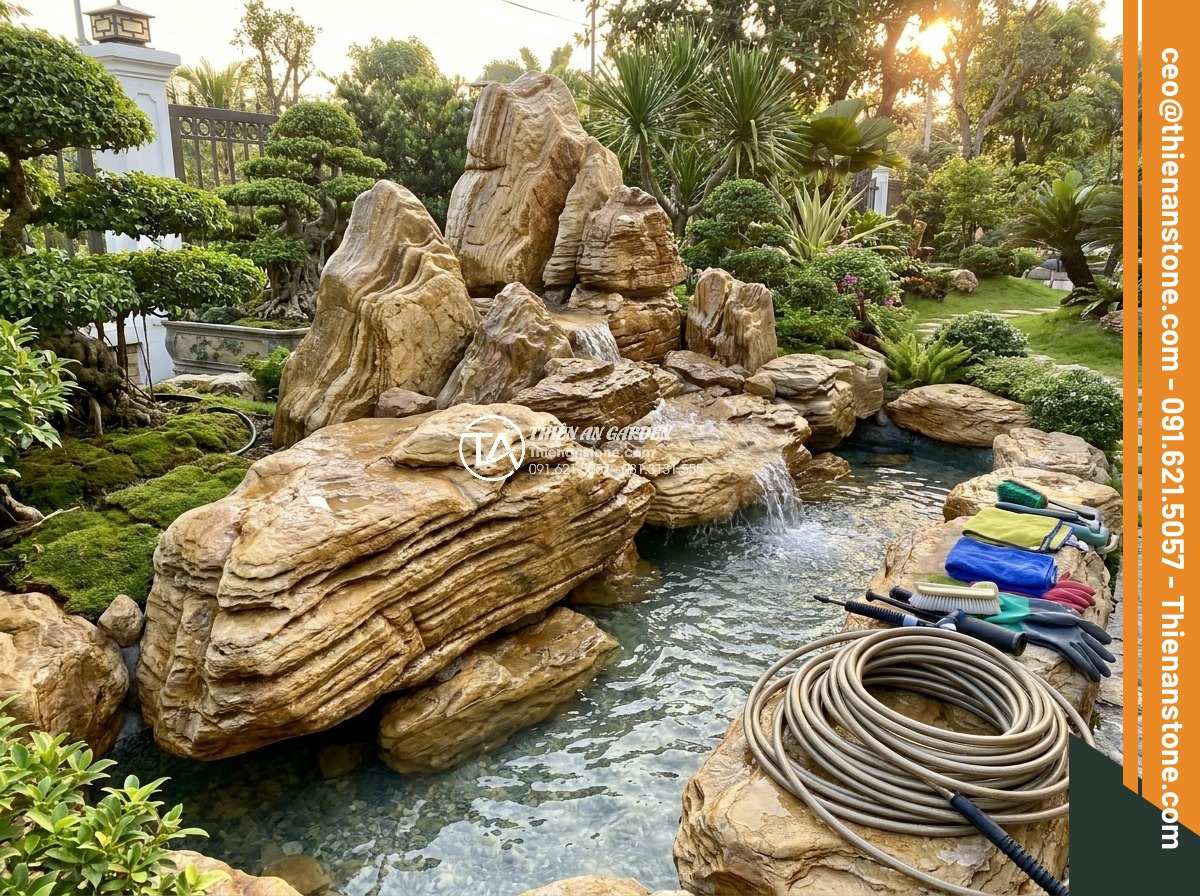 Cách Vệ Sinh Đá Non Bộ Bị Rêu Mốc Sau Nhiều Năm Sử Dụng - Professional team from Đá Cảnh Thiên An expertly cleaning and restoring a large 