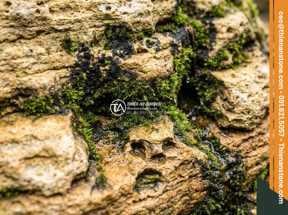 Cách Vệ Sinh Đá Non Bộ Bị Rêu Mốc Sau Nhiều Năm Sử Dụng - Detailed macro photograph of natural stone surface from a Vietnamese non-bo show